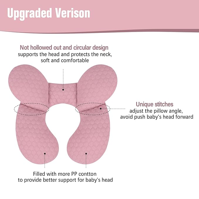 KAKIBLIN Baby Travel Pillow, Upgraded Baby Neck Pillows for Car Seat, Infant Neck Support Pillow for Head and Neck,Newborn Head Support for Car Seat, Stroller, Pushchair (Pink)