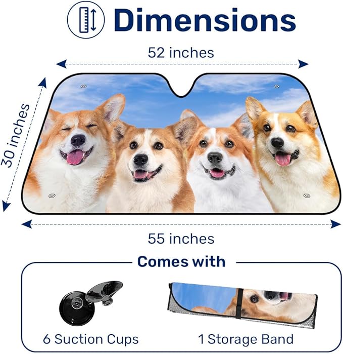GENANY Cute Corgi Dog Group Funny Windshield Sun Shade for Car SUV Truck (55x30 Inches), Sun Shade Windshield for Windows,Protector Blocks UV, Spring Car Decor