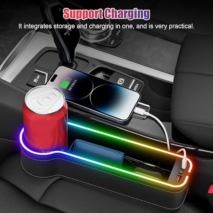 2PCS LED Car Seat Gaps Filler Organizer,Front Seat Gaps Filler, Car Seat Organizer with Ambient Light, USB Charger for Multifunction Storage Box for Holding Phone, Sunglasses