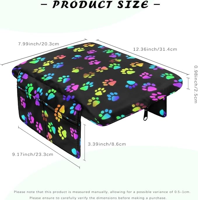 Dreaweet Colorful Dog Paw Print Center Console Cover Thick Arm Rest Cover for Car Women Cute Car Accessories Interior Middle Console Cushion Cover Pad with Pockets