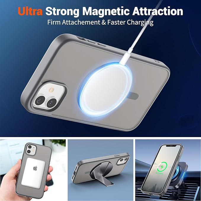 SUPFINE Magnetic for iPhone 12 Mini Case & iPhone 13 Mini Case (Compatible with MagSafe) (Military Grade Drop Protection) Slim Translucent Matte Shockproof Phone Cover,Gray