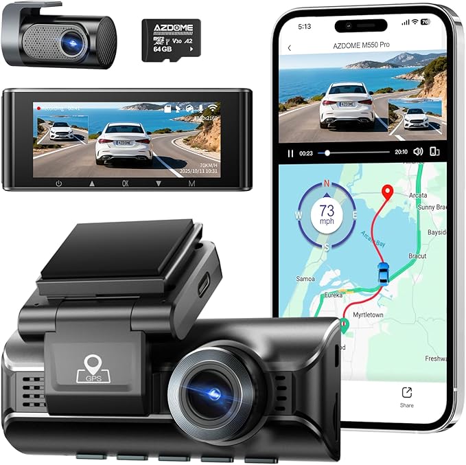 AZDOME ADAS Dash Cam Front and Rear, 4K+2.5K UHD Dash Camera for Cars, 64GB Card Included, Voice Control, Bulit-in 5.8GHz Wi-Fi GPS, 3.19'' IPS Screen Dashcam, Night Vision, 24H Parking Mode M550 Pro