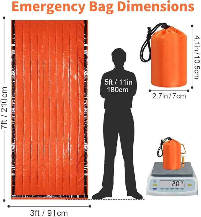 Waterproof Emergency Sleeping Bag with Whistle, 2 Pack Mylar Thermal Bivy Sack for Survival, Camping, Hiking with Emergency Blankets, Survival Kit Supplies