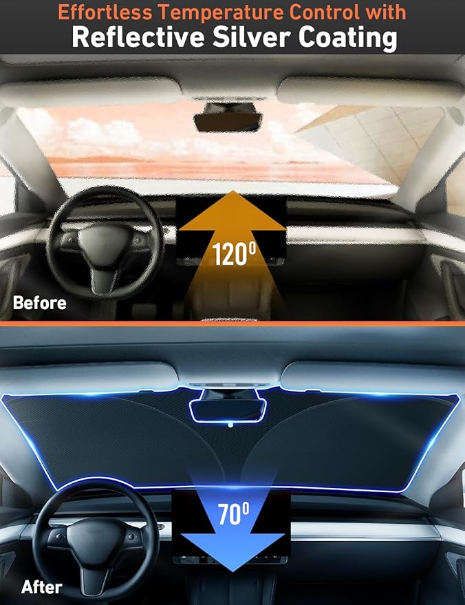 EcoNour Windshield Sun Shade Compatible for Tesla Model 3 & Model Y 2017–2026 | Custom Fit EV Front Window Sunshade | Foldable Heat & UV Reflective Sun Visor