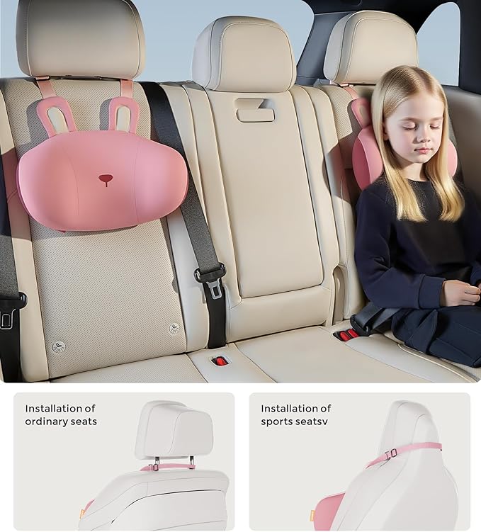 BEBAS Car Neck Pillow Travel - Adjustable Memory Foam Neck Support Pillow for Sleeping, Breathable & Machine Washable Cover, Soft Support for Adults & Kids - Gift (Pink - Rabbit)
