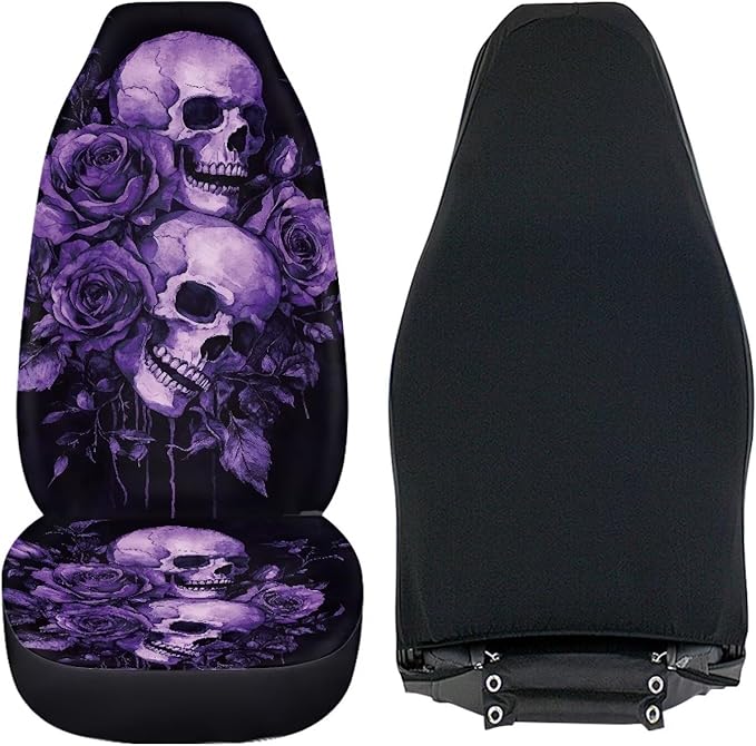 Purple Skull Rose Car Front Seat Covers Elastic Fabrics Universal Front Seat Cover Removable Automotive Accessories Easy Installation Suitable for Cars, SUV and Trucks