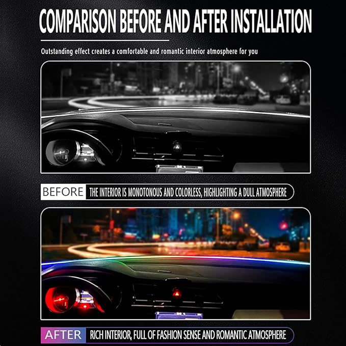 Acrylic Interior Car LED Strip Light with Motion-Activated Switch, 55.1" Neon Ambient Light, RGB Colors, APP/Touch Control, Music Sync