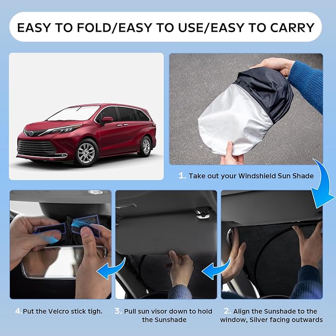Sun Shade Sunshade for Toyota Sienna 2021-2025 2026 L LE SE XLE Limited Van Windshield Cover, 4-Layers Sun Shield 250T Silver Coating Sun Visor Foldable Window Shade Blocks UV Rays Car Accessories
