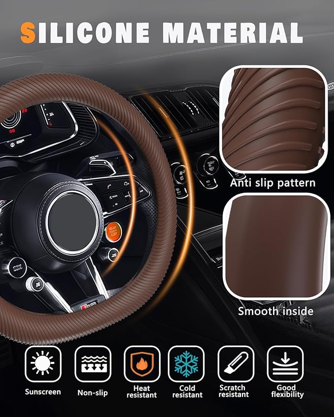 WOCOCN Car Steering Wheel Cover, Thin Anti-Skid Silicone Steering Wheel Cover for Men & Women, Universal Automotive Interior Accessories for Most Cars (Brown)