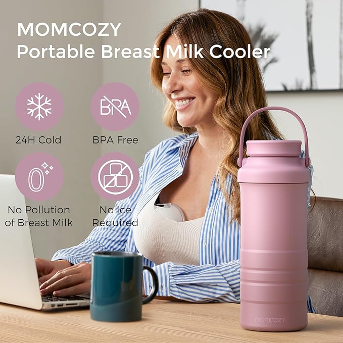 Momcozy 22oz Portable Breast Milk Cooler for Outdoor, Life Saver with 360° Total Cooling for 24 Hours, Larger Capacity Travel Breastmilk Chiller with 2pcs Baby Bottles for Breastmilk Storage, Pink