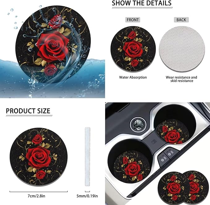 Red Rose 6pcs Car Steering Wheel Cover Set Flower Print Cup Coaster Handbrake Gear Cover Car Interior Accessories Fit Vans Trucks,SUV
