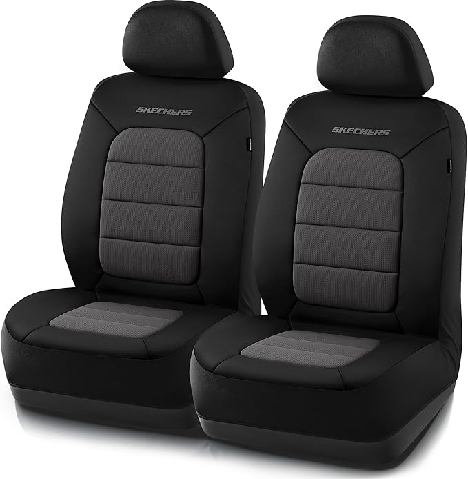 Skechers Memory Foam Seat Covers,Thick Cool Touch Fabric Seat Covers,Front Seat Covers Airbag Compatible,Automotive Comfort Protection for Most Cars,Vans,Trucks,SUV,Floor Grey