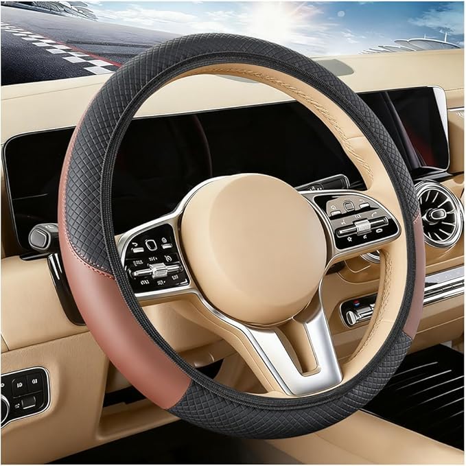 Car Steering Wheel Cover, Elastic Stretch Leather Non-Slip Vehicle Steering Wheel Guard, Automotive Interior Protective Decor Accessories, Universal for SUV RV Truck (Black/Coffee)