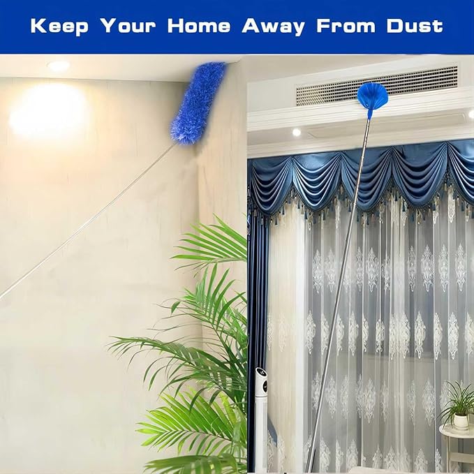 Buysenton Cobweb Duster with Extension Pole, Washable Cleaning Duster Kit with 3 Duster Heads, Cobweb Duster, Corner Brush, 15-100 Inch Long Aluminum Telescoping Pole for Ceiling Fan (Blue)