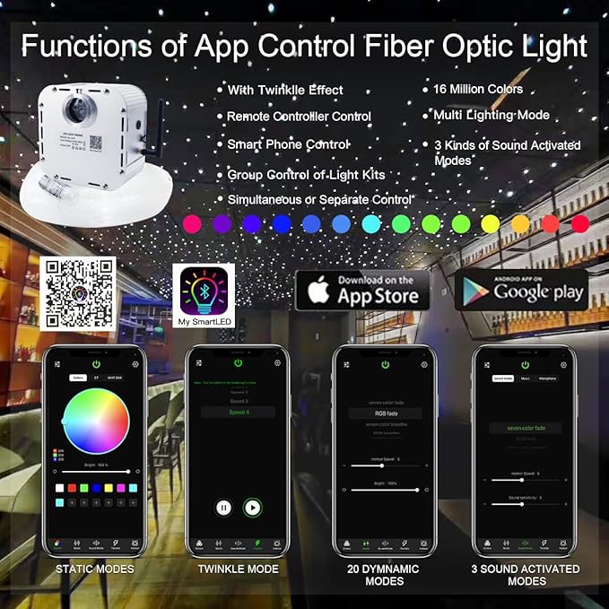 AKEPO 32W RGBW Twinkle APP Fiber Optic Lights Kit Music Activated Star Ceiling Sky Light, with 800pcs of 16.4ft/5m Mixed Dia. (0.75+1+1.5mm) Optical Fiber Cable and Crystals for Car & Media Room Decor