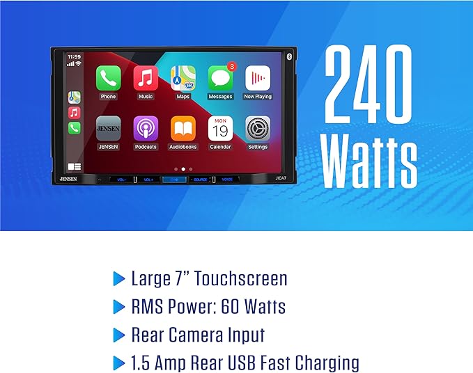 JENSEN J1CA7 7-inch Certified Apple CarPlay Android Auto | Double DIN Touchscreen Car Stereo Radio | Bluetooth Hands Free Calling & Music Streaming | Backup Camera Input | USB Playback & Charging