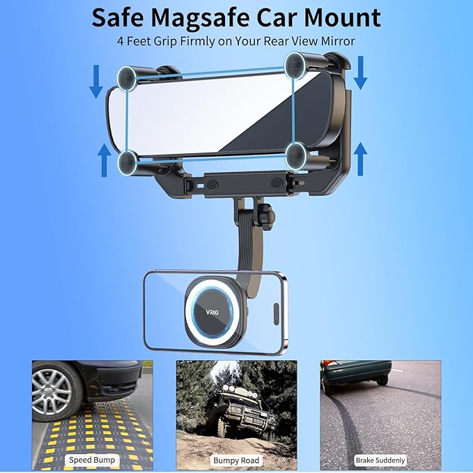 VRIG MG-15 Magnetic Rear View Mirror Phone Holder for car [Big Rear Mirrors Friendly],Magsafe Hands Free 360 Rotating Strong Magnet Cell Phone Mount Fit for iPhone 16/1514/13/12 Series