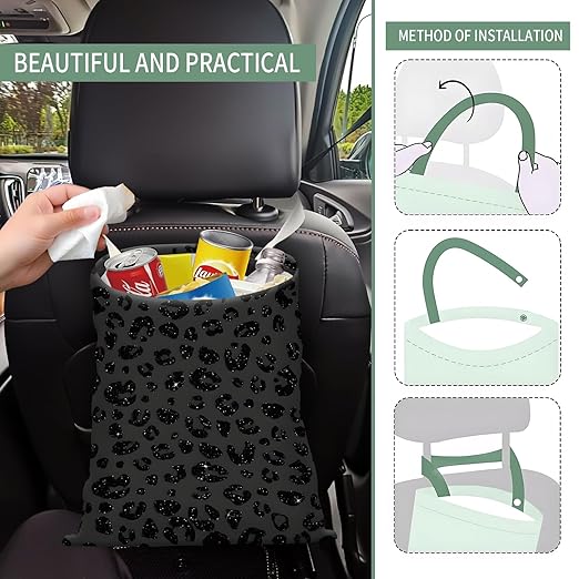 Cute Car Trash Can, Hanging Canvas Car Back Seat Organizer and Storage Bag, Funny Car Trash Bag For Travelling, Outdoor Cute Black Grey Leopard