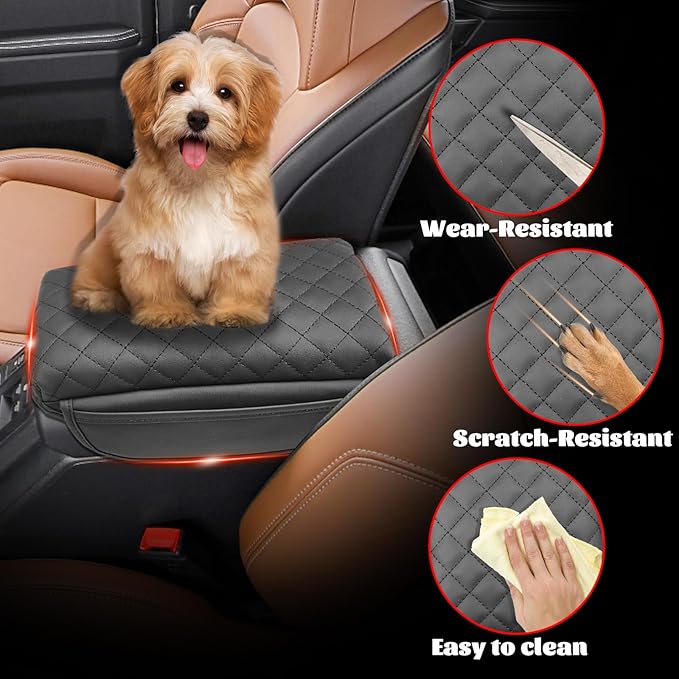 Center Console Armrest Cover Compatible with Ford Bronco 2021-2025 2/4-Door Leather Arm Rest Lid Protector Cushion Pad with Side Pockets Interior Accessories Prevent Scratching Black