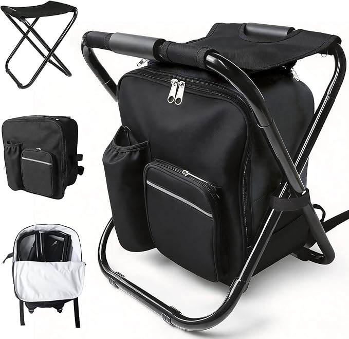 Folding Camping Chair Stool Backpack with Cooler Insulated Picnic Bag, Portable Hunting Fishing Multifunction Chair for Outdoors Hiking Hunting Travel (Black)