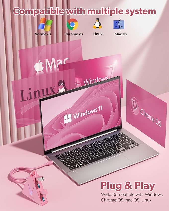 4-Port USB 3.0 Hub, FlyingVHUB Vertical Data USB Hub with 2 ft Extended Cable, for Mac, PC, Xbox One, PS4, PS5, iMac, Surface Pro, XPS, Laptop, Desktop, Flash Drive, Mobile HDD(Pink)