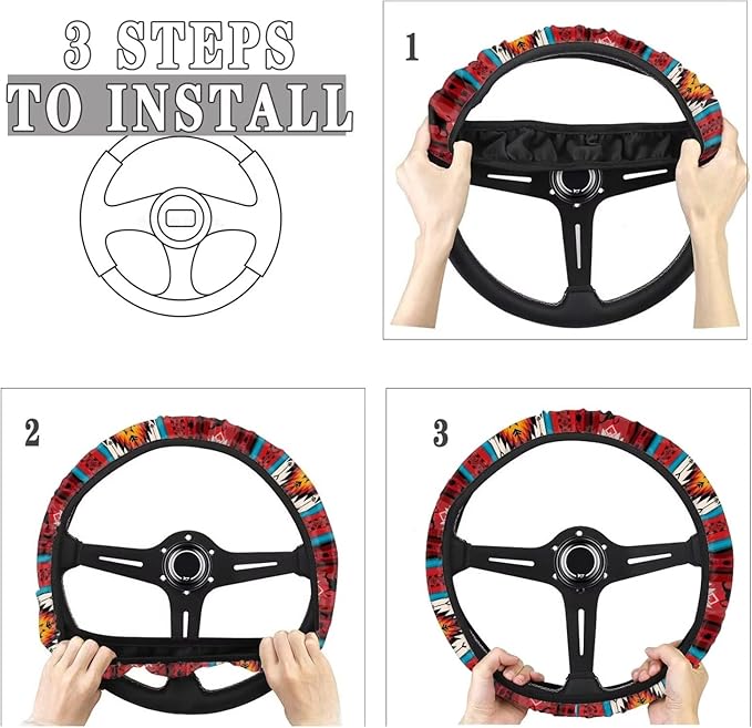 SEANATIVE Car Steering Wheel Cover for Men Breathable Anti Slip Auto Steering Wheel Covers fit Standard Size 15inches, Red Aztec Horse Print