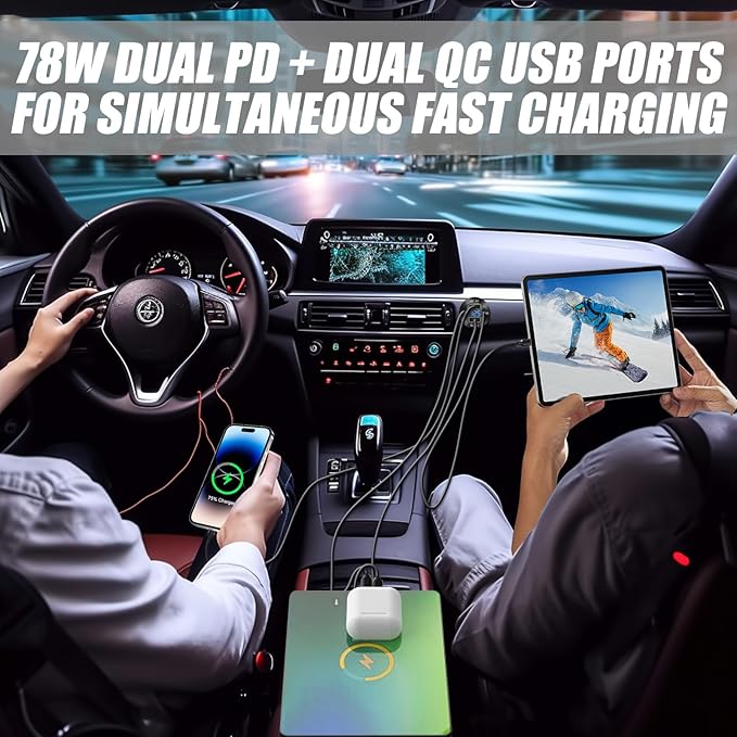 Upgraded 4 Port 12V USB Outlet, 78W Dual PD & QC Aluminum Alloy USB Ports with LED Voltmeter Waterproof for Cars, Cigarette Lighter Replacement 12V Socket for Boats RV Trucks and Motorcycles