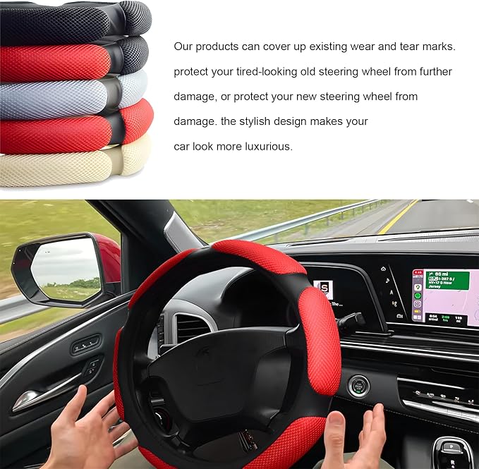 Car Steering Wheel Cover, 15" Breathable Ice Silk Auto Wheel Protector with Comfortable Grip, Anti-Slip Slip-on Steering Wheel Wrap Soft Hand Pad Cushion for Women Men (Red)