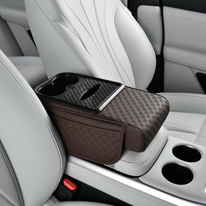 Car Center Console Armrest Pad, Arm Rest Box Cushion with Ergonomic Height Boost, Storage Pockets, Built-in Tissue Box, Cupholder, Fit for Most Sedan Vehicles (Embossing Checkerboard, Coffee)