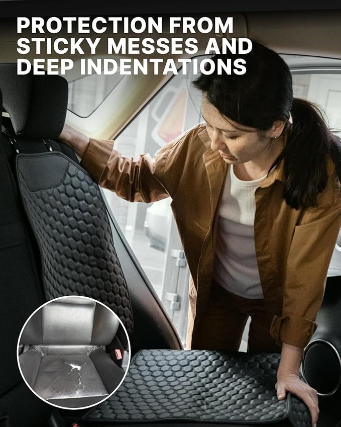 Owleys Set Seat Back Organizer & Car Seat Protector Hexy Waterproof & Non-Slip Protector for Child Car Cushion for Leather and Fabric Seats (Black)