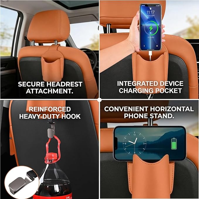 Car Seat Back Organizers Set of 2 with Leather Cup Holder and Headrest Hook, Universal Backseat Phone Mount & Storage Bag (Black)
