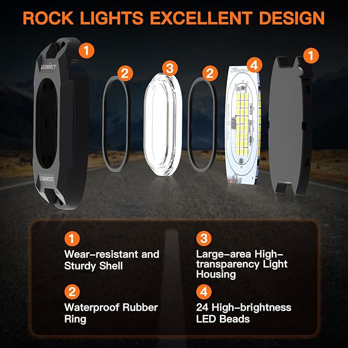 Rock Lights,LEDMIRCY R6 LED Pure White Rock Lights 20PCS with Rocker Switch Wire Harness Kit Super Brigh Luces para Carro for Trucks Off Road ATV SUV High Power Light Waterproof Shockproof