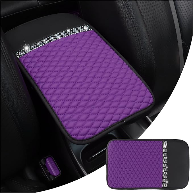 Bling Leather Car Armrest Box Cover,Car Center Console Protector with Colorful Crystal Rhinestones,Anti-Scratch Waterproof Car Armrest Seat Pad for Most Car,SUVs,Trucks (Purple)