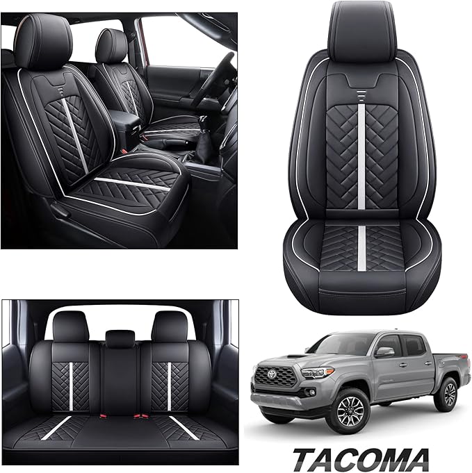 Tomatoman Tacoma Seat Covers Compatible with Toyota Tacoma 2005-2022 2023 2024 2025 2026 Truck Access Crew Double Cab TRD Offroad SR5 V6 Waterproof Faux Leather Car Cushions(Full Set/Black-White)