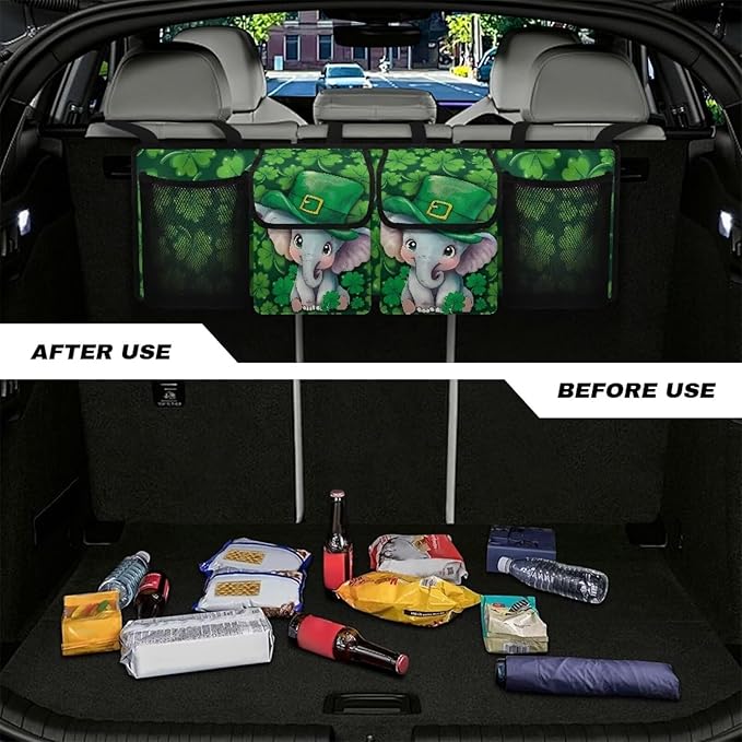 Cute Elephants Trunk Organizer St. Patrick Day Green Leaves Car Back Seat Organizer,4 Compartments,Backseat Hanging Organizer for Women Men