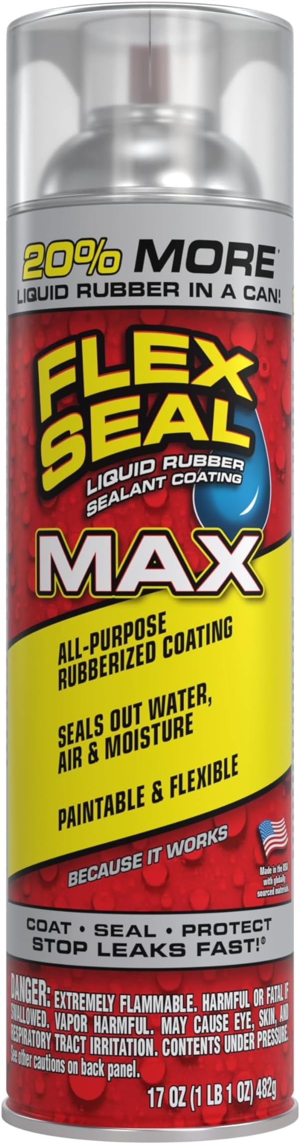 Flex Seal MAX, 17 oz, 1-Pack, Clear, Stop Leaks Instantly, Waterproof Rubber Spray On Sealant Coating, Perfect for Gutters, Wood, RV, Campers, Roof Repair, Skylights, Windows, and More