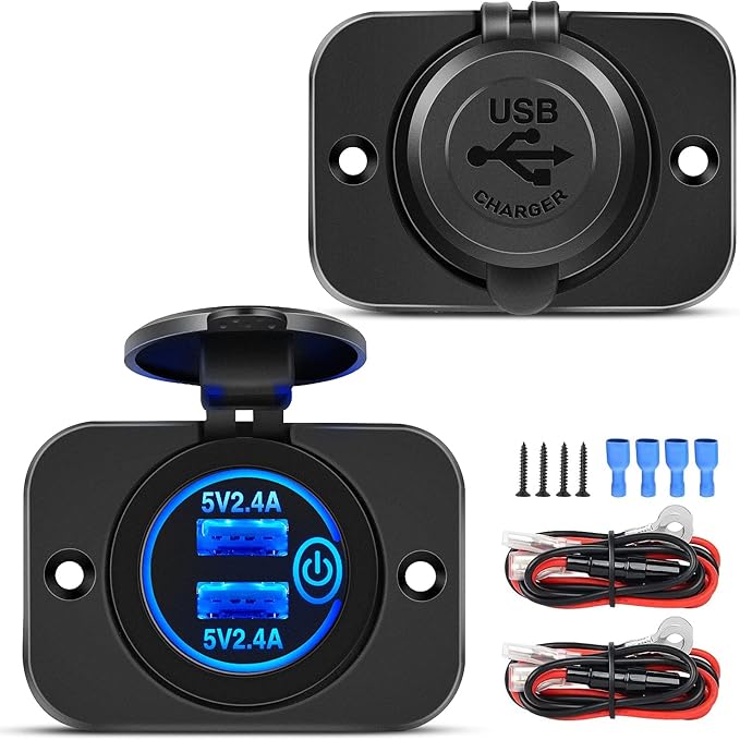 Nilight 2 Pack Quick Charge Socket LED 12V 24V Dual USB Charger 5V 4.8A Car Outlet Panel with ON Off Touch Switch Fused Wire Kit for Cars Trucks Motorcycle RVs Campers