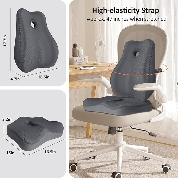 Seat Cushion,Lumbar Support Pillow for Office Chair,Memory Foam Coccyx Seat Cushion,Ergonomic Mesh Back Support Pillow,Office Desk Chair Cushion for Sciatica,Back&Tailbone Pain Relief,Grey
