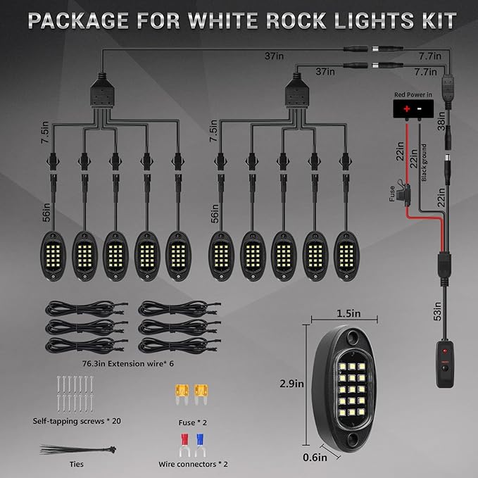 10 Pods Pure White LED Rock Lights with Power Swith Wiring Harness, 6000K Super Bright Waterproof Under Trailer Lighting White Underglow Kit for Trucks Trailer Offroad Pickup SXS ATV UTV