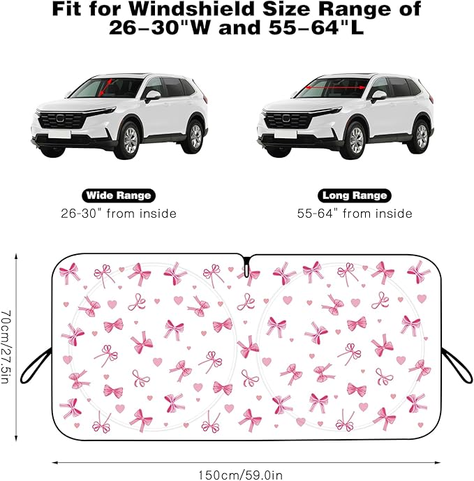 Car Windshield Sun Shade, Cute Bow Sun Visor - Wear-Resistant Black Tape, Foldable 59'x27.5'/63''x31.5''