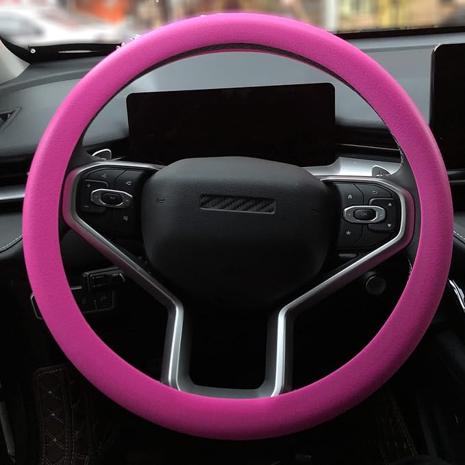 Pink Car Steering Wheel Cover: Universal 13.5 to 15 inches Silicone Steering Cover Compatible with Most Car Models Fit for Round Shpe D Shape