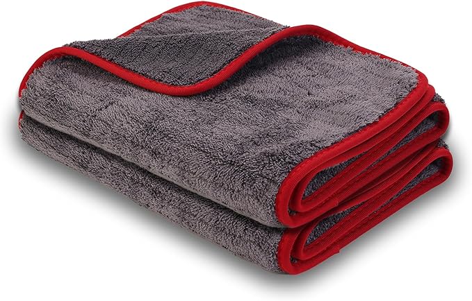 2-Pack 1200 GSM Car Drying Towels – Microfiber Towels for Cars (36" x 12"), Ultra-Absorbent, Streak-Free, Scratch-Free, No Water Spots, Double-Coral Fleece Microfiber & Gray & Red Hemmed Edges