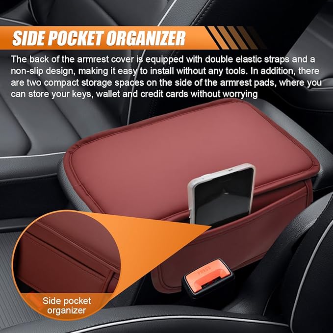 Car Center Console Cover, Leather Waterproof Auto Arm Rest Pad with Storage Bag, Scratch Resistant Middle Console Protector, Comfortable Vehicle Interior Accessories for Sedan SUV (Burgundy)