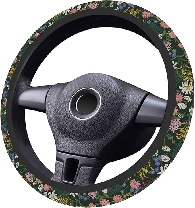 Car Steering Wheel Cover for Women Men, Non-Slip Sage Green Wild Flowers Steering Wheel Protector, Universal 14"-15" Fit for Cars, SUVs, Trucks (Sage Green Wildflowers)
