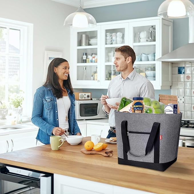 LHZK Jumbo Cooler Bag, Collapsible Leakproof Insulated Bag with Zipper & Handles, Soft Insulated Grocery Bags for Shopping, Travel, Beach, Picnic (50L, Grey)