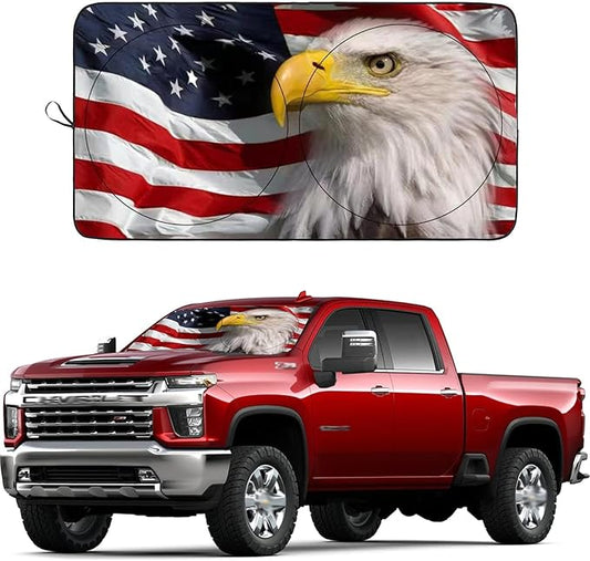 Windshield Sun Shade New American Eagle Flag USA Patriotic Design - Folding Car Front Window Sunshade for Cars SUV Trucks, Max UV Blocking and Keep The Vehicle Cool(64"x33.5")