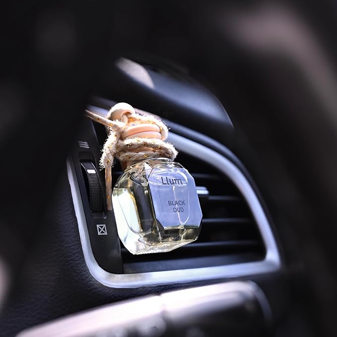 Llum Black Oud Hanging Car Air Freshener – Luxury Automotive Perfume Diffuser 10ml (0.34 fl oz), Long-Lasting Fragrance, Alcohol-Free Non-Toxic Car Scent, Glass Bottle With Wood Cap & AC Vent Clip