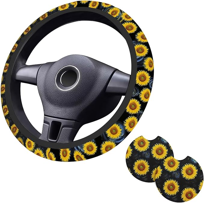 Sunflower Steering Wheel Cover Flower Steering Wheel Cover Accessories Universal Auto Interior Decor Anti Slip Car for Men Women 2 Pieces Car Coasters