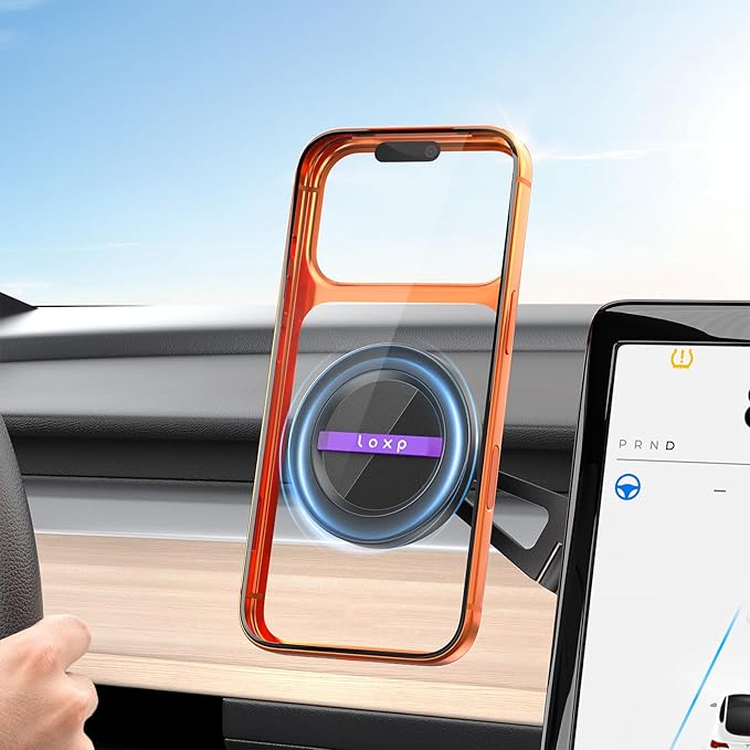 LOXP Upgrade Tesla Phone Mount [Strong Magnetic & Foldable] Aluminum Car Mount for Tesla Model 3/Y/Juniper, 360 Rotating Tesla Phone Holder Fits for iPhone 17 16 15 Pro Max, Tesla Accessories