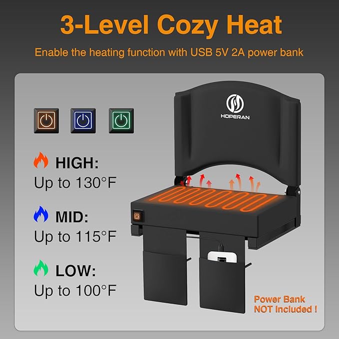 HOPERAN Heated Stadium Seats for Bleachers with Back Support, 3 Levels Heating Bleacher Chairs with Back and Cushion, Folding Bleacher Seat, Lightweight Portable Stadium Chair with Shoulder Strap